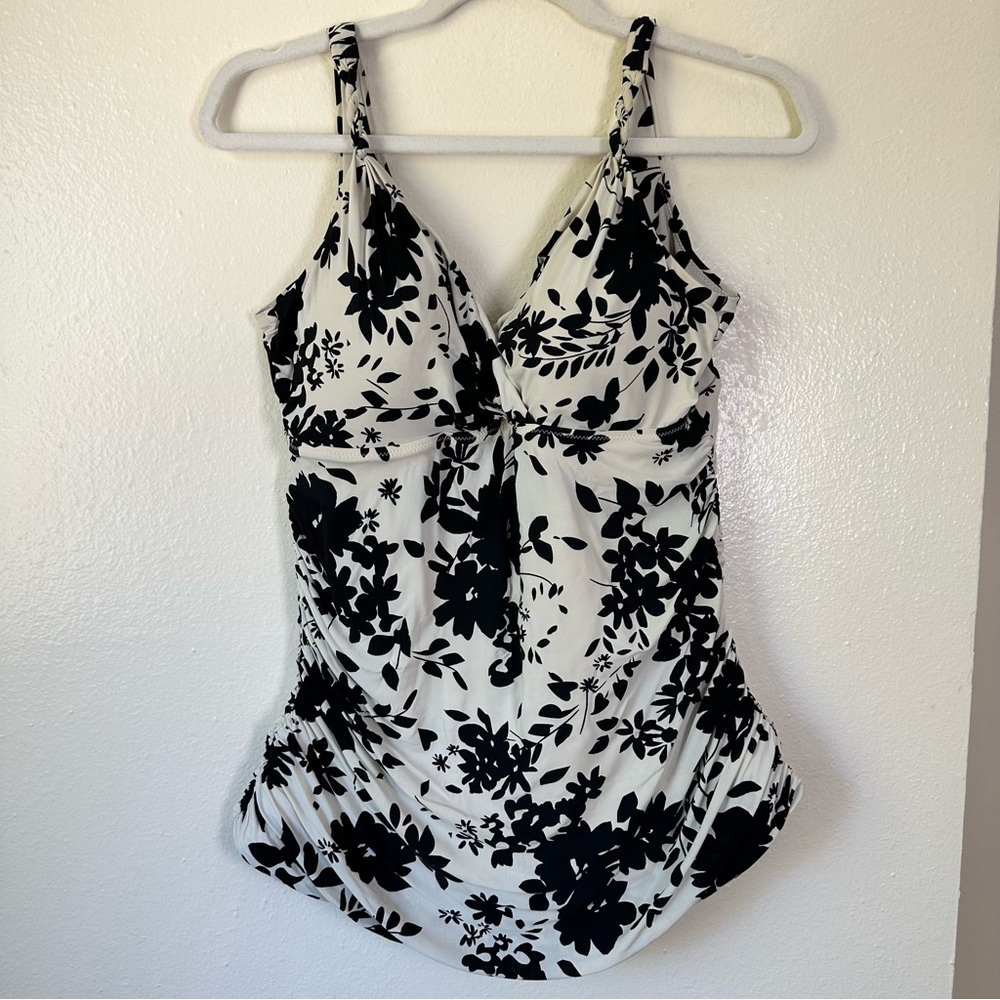Lands' End Black and Cream Floral Swimsuit